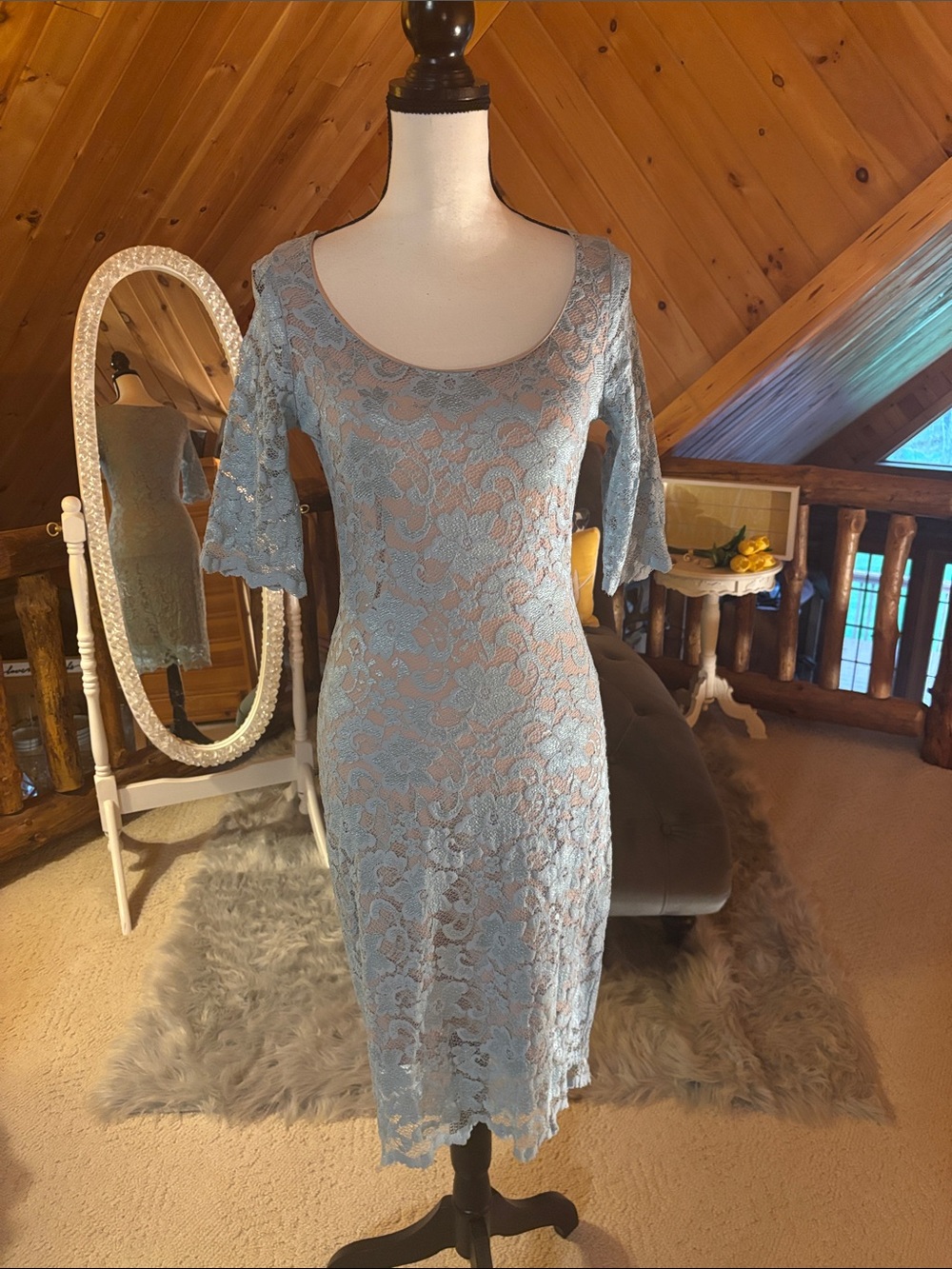 Badgley Mischka Powder Blue Lace Midi Dress